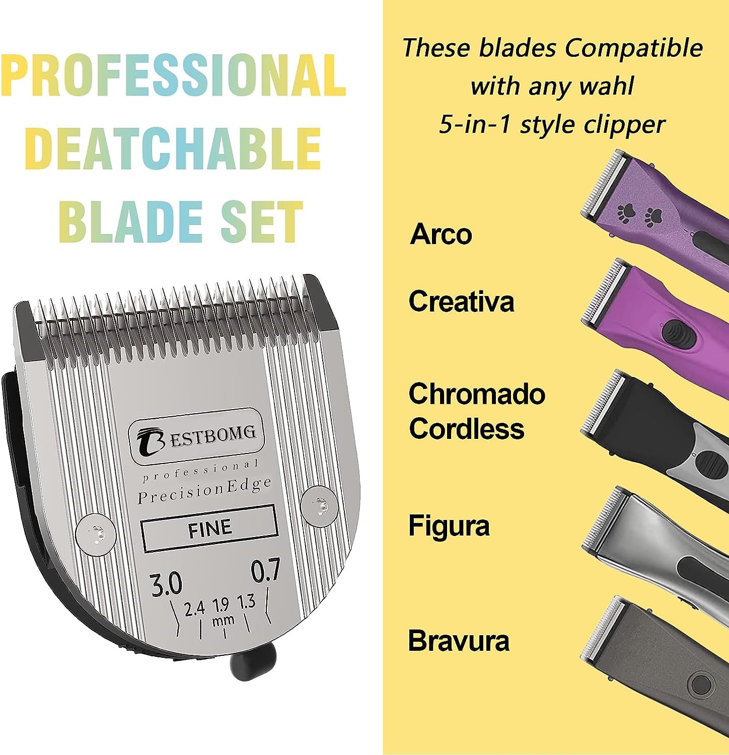BESTBOMG Confezione da 2 Lame per Cani Professionali 5 in 1 con Lunghezza di Taglio Regolabile da 0,7-3 mm,compatibili con Wahl Arco,Bravura e Moser Arco 1870/1871/1872/1873/1854