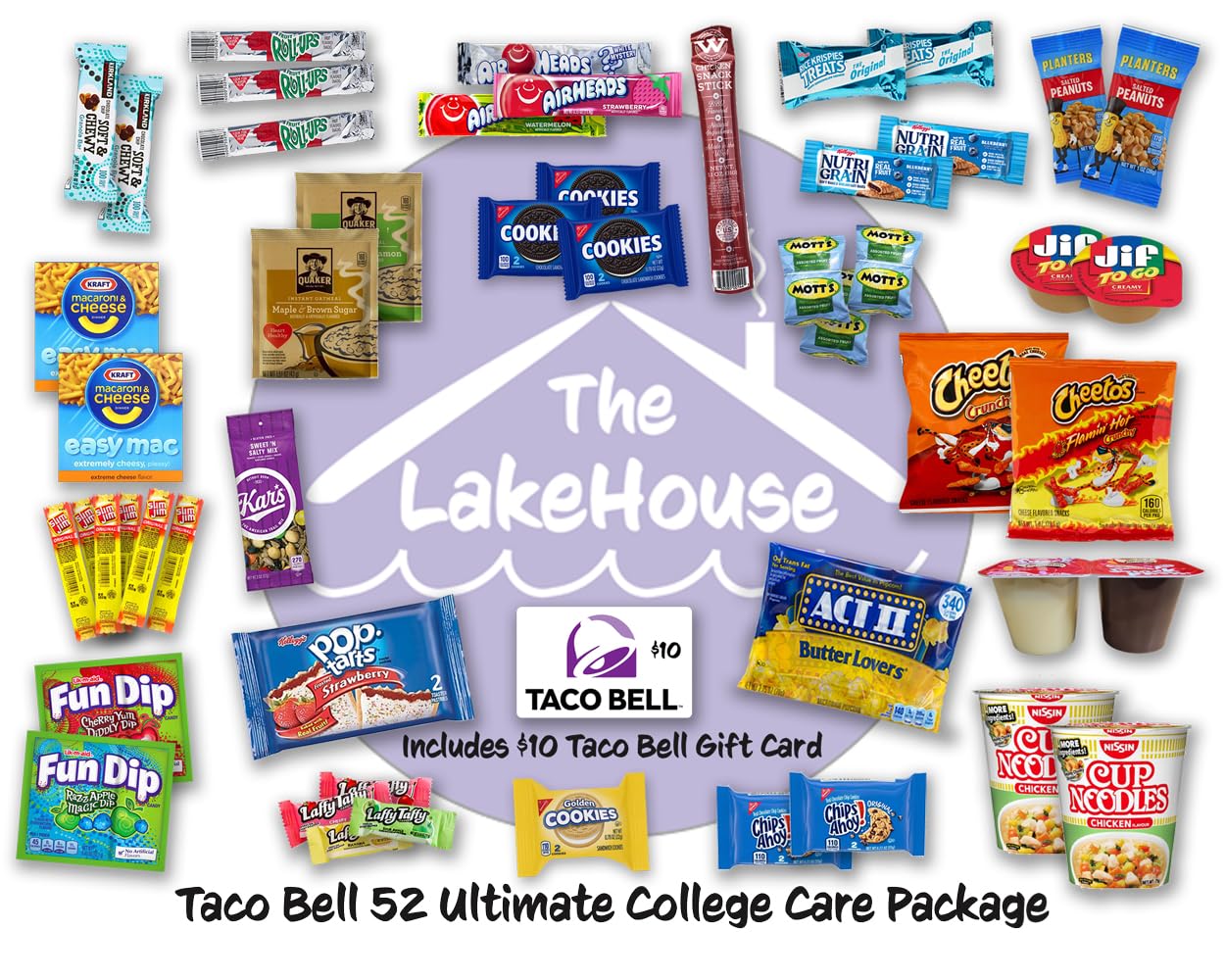 LakeHouse Student 52 College Care Package with Taco Bell Gift Card - College Essentials Snack Box - College Snack Boxes Care Packages for College Students Gift Basket - College Dorm Room Essentials