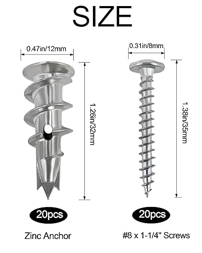 Miniatura 2 de Juego de anclajes autoperforantes de zinc para paneles de yeso con tornillos, las 40 piezas, 20 anclajes de pared de metal resistente y 20 tornillos
