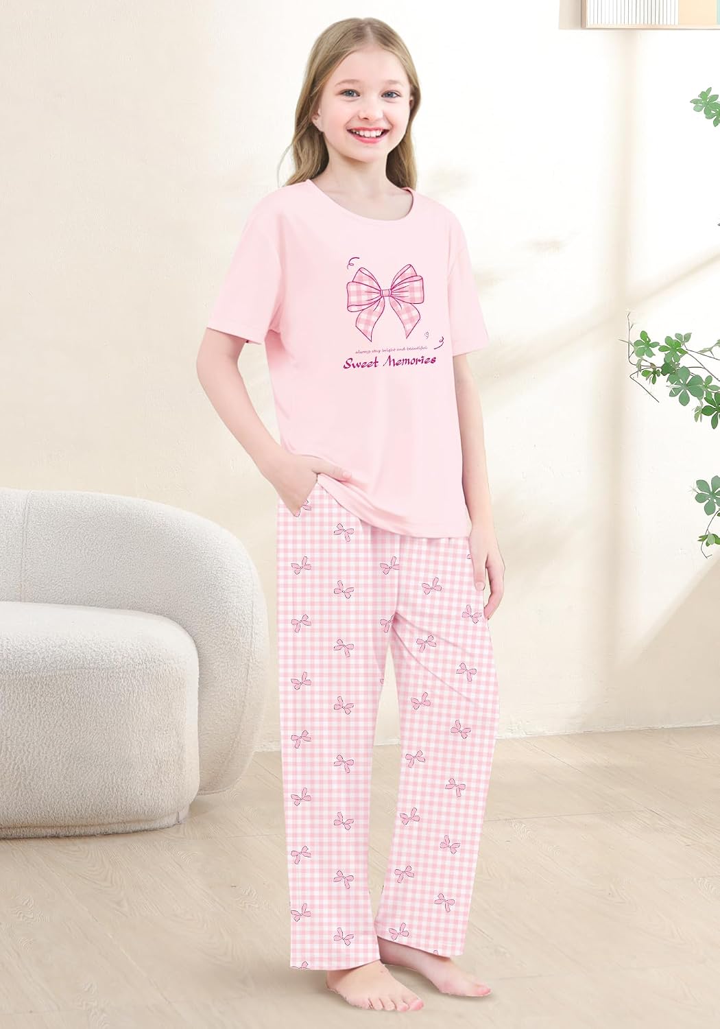 Schbbbta Kids Girls Pajamas 3 Piece Short Sleeve Shirt Top Pants Shorts with Pockets Cute Cartoon Sleepwear, 5-14 Years
