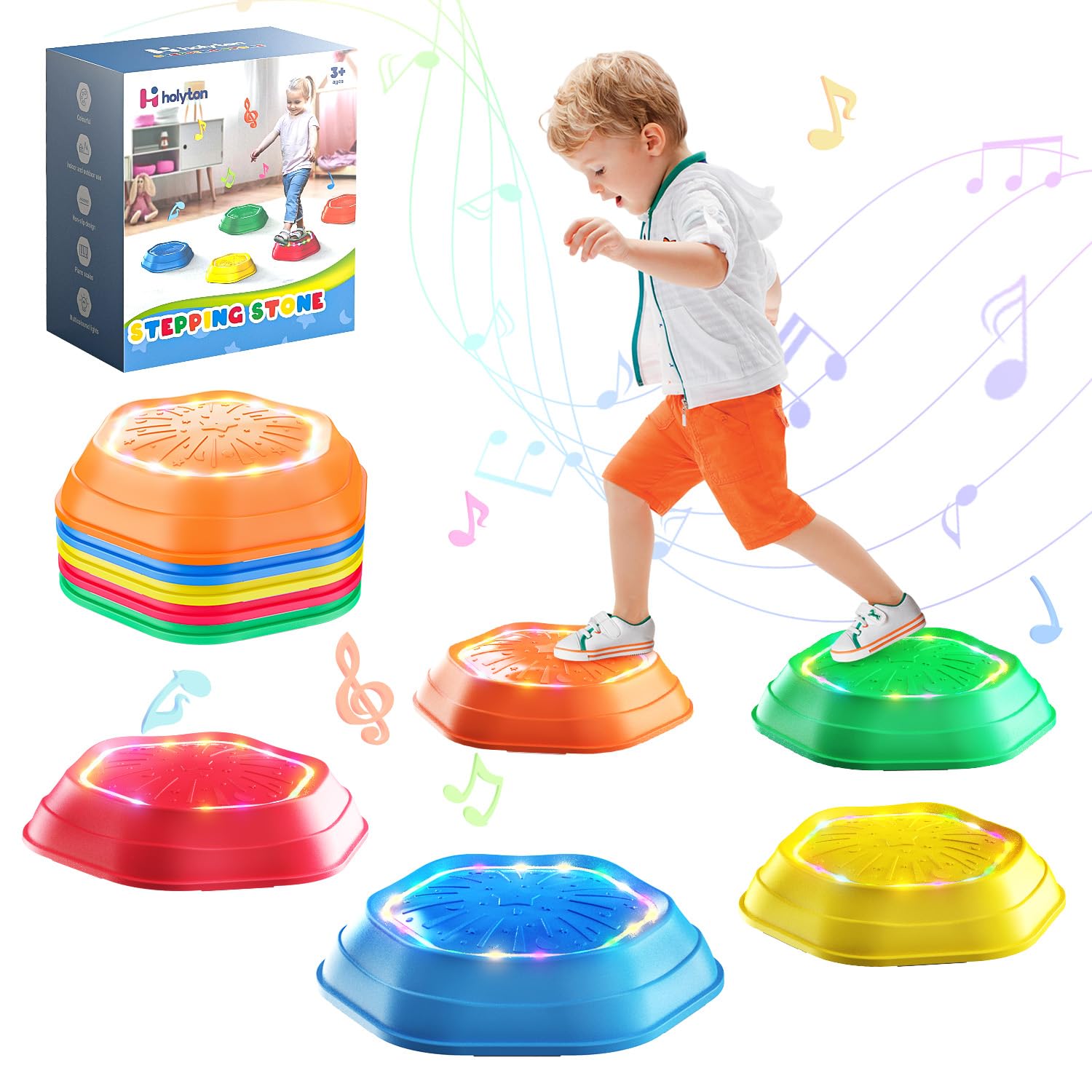 Holyton stepping stones for kids,5 pcs kids Music&light stpping stones Encourage Toddler Balance,Indoor & Outdoor toddler games sensory toys for 3-8 years