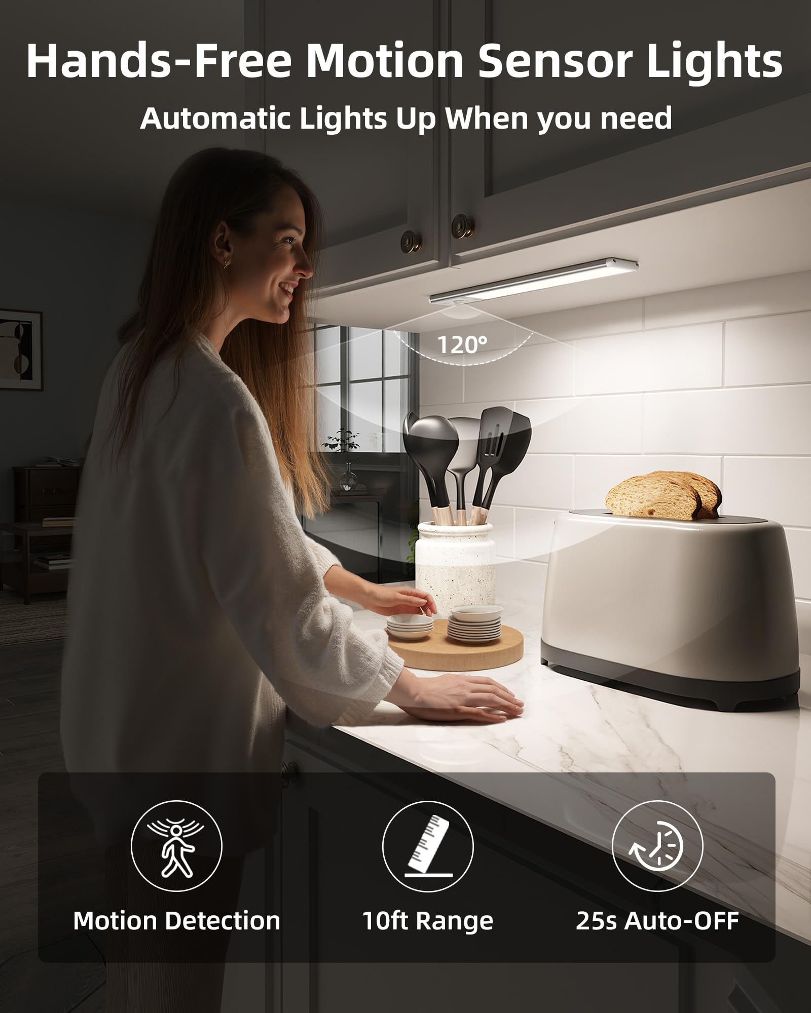 EZVALO Under Cabinet Kitchen Lights, 3 Color Dimmable 62 LED Motion Sensor Lights Indoor, 1600mAh Rechargeable LED Lights for Cupboard, Kitchen (20.5cm, 2 Pack) - 2