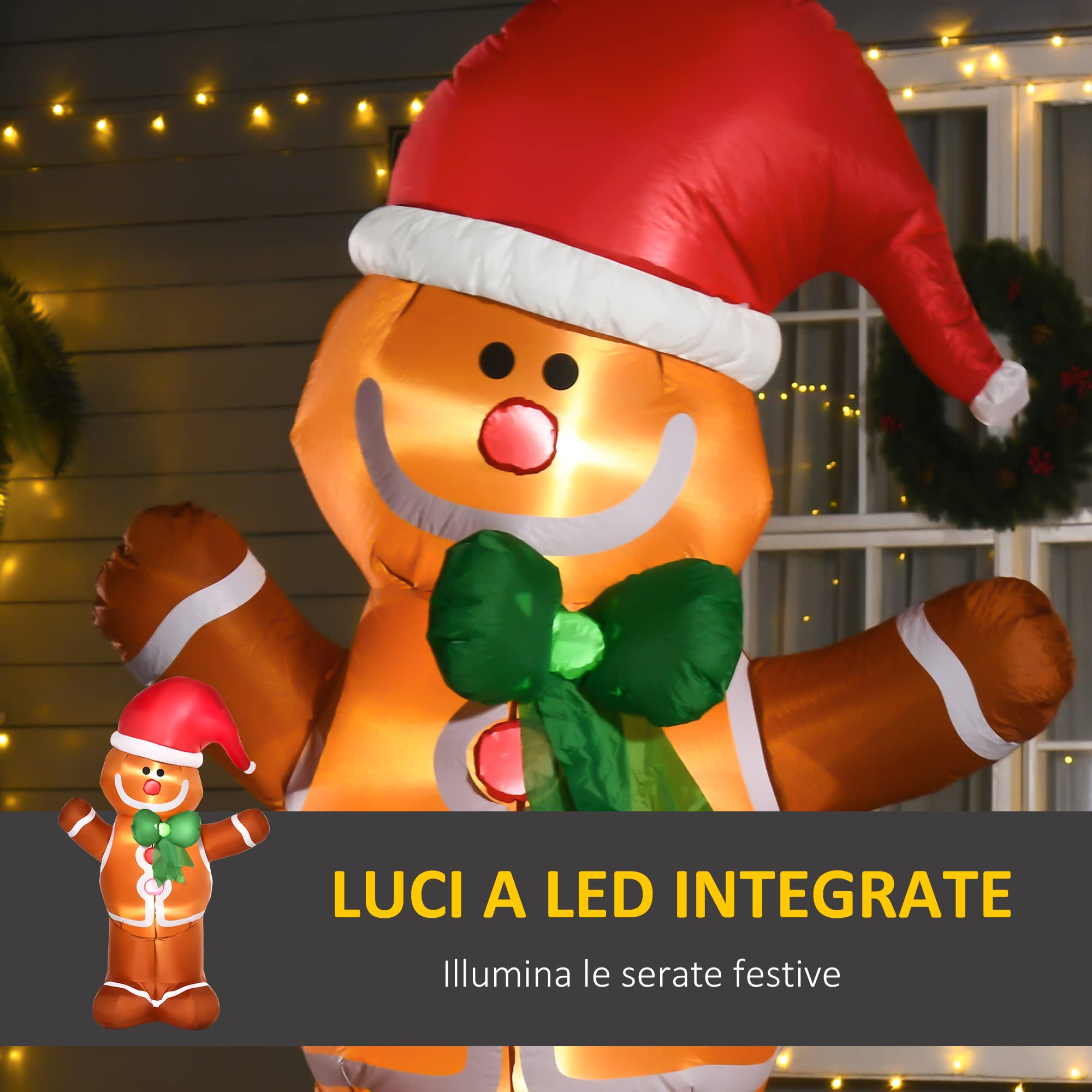 HOMCOM Omino Pan di Zenzero Gonfiabile 183cm, Luci LED Integrate
