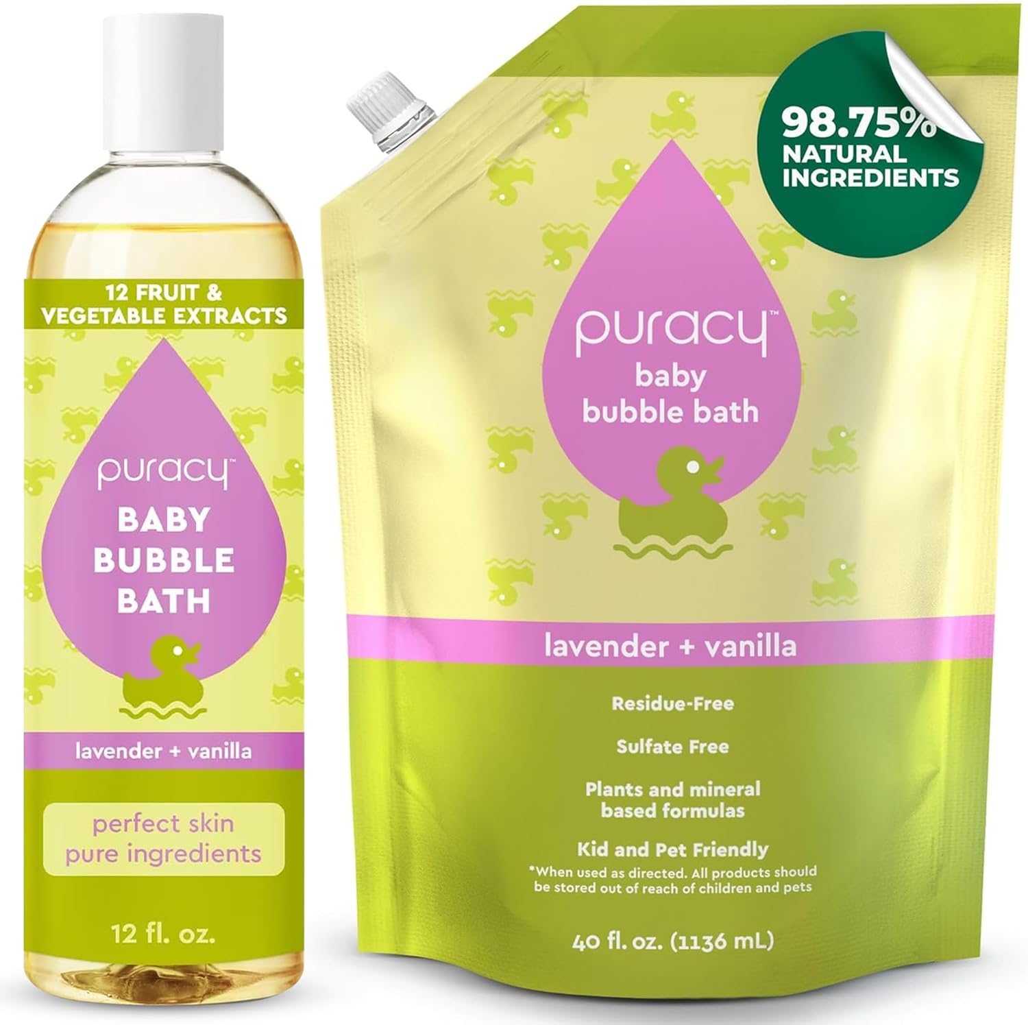 Puracy Bubble Bath for Children, Gently Scented with Real Lavender & Vanilla, 98.75% Natural Baby Bubble Bath, Plant-Based Moisturizers for All Skin Types, Tear-Free for Daily Use, 12 + 40 Fl Oz