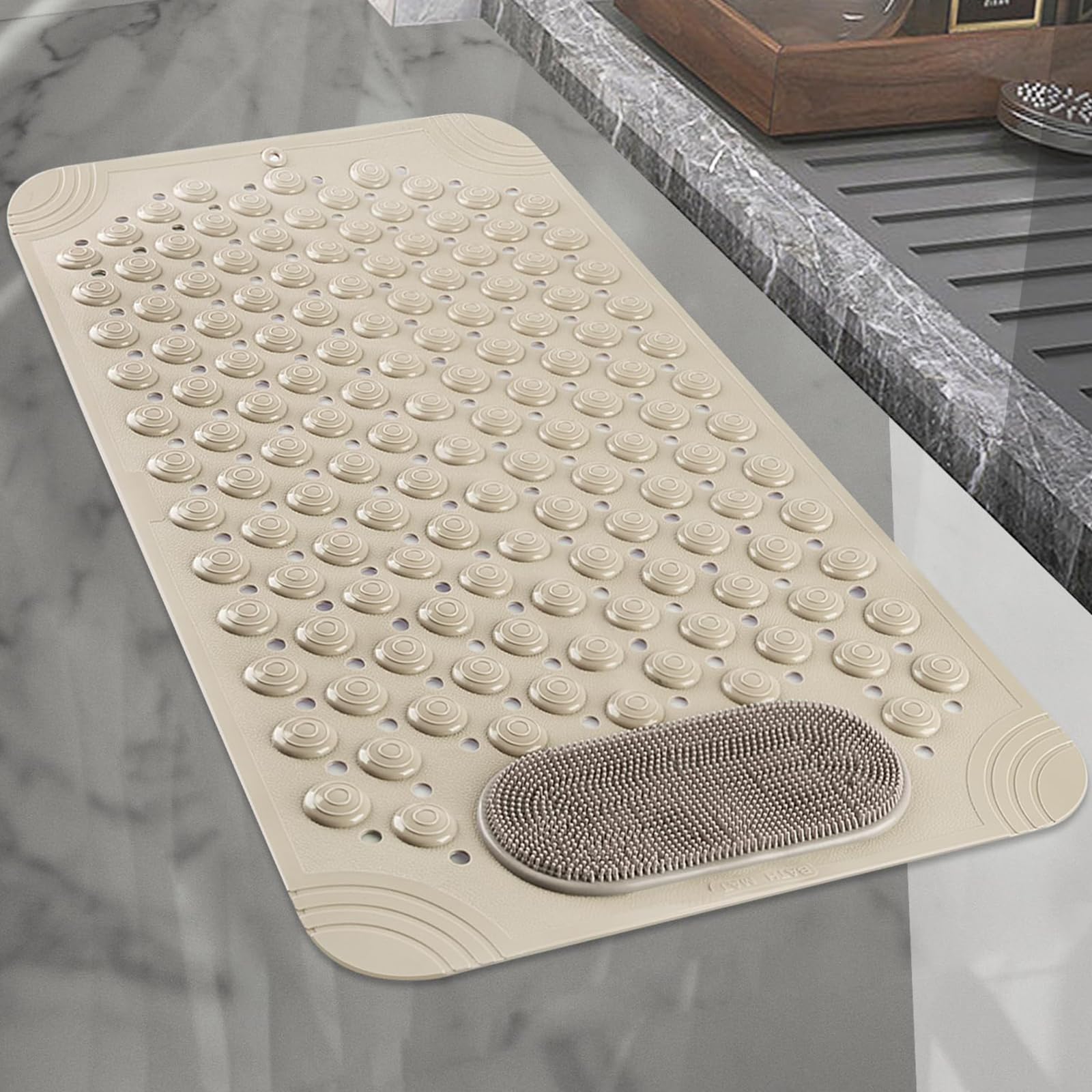 Joyzzz Bathtub Mat, 70x36cm Machine Washable Bath Mat with Massage Bubbles, Non Slip Bathtub Mat with Suction Cups and Drain Holes, Fast-Drying Bath Mat for Tub, Shower Stall, Bathroom (Khaki)