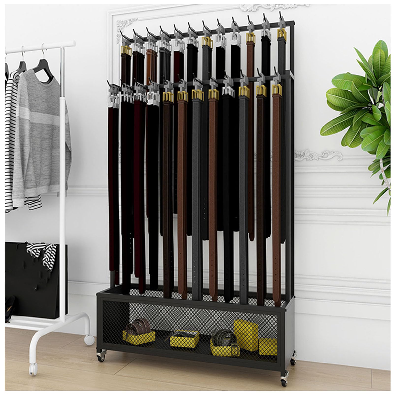 YNBSHGAA Floor Standing Belt Hanger Belt Display Rack, Closet Belt Organizer for Men or Women, Metal Scarf Stand Shawls Purse Shelf Retail Tie Holder, Commercial Metal Rolling Bel,Black-90x30x156CM
