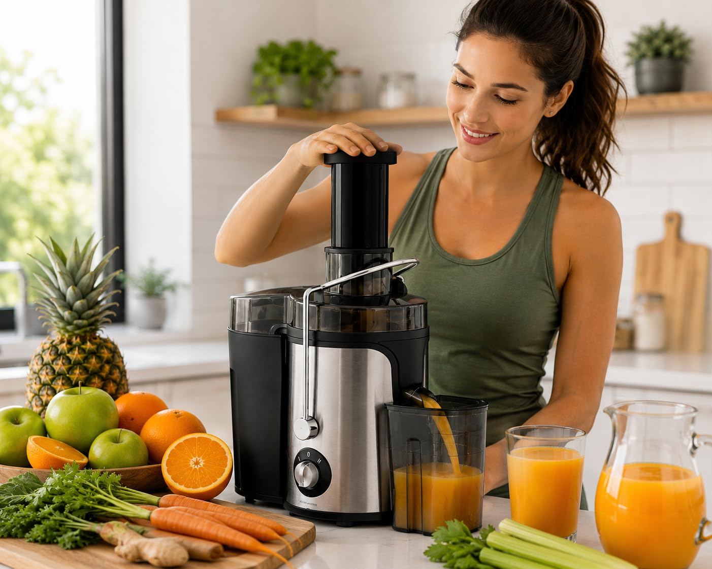 Exprimidor Eléctrico de Frutas y Verduras Licuadora Extractora de Jugos Centrífuga para Frutas Juicer 2 Velocidades Contenedor de Pulpa 1.2L Fácil limpieza Extractor de Jugos 400W Acero Inoxidable