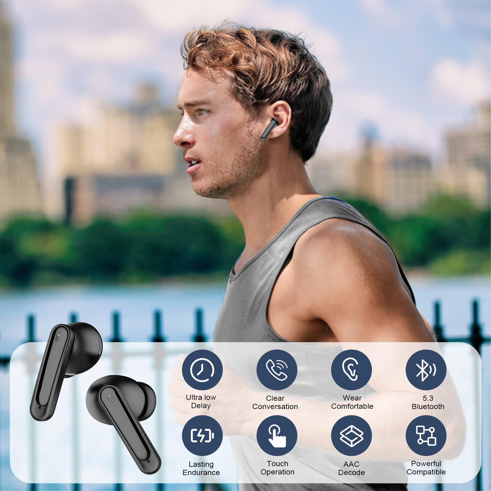 Auricolare Bluetooth Jsdoin, Bluetooth senza fili 5.3 Sport in auricolari, 40 ore di gioco, schermo di visualizzazione LED, auricolare stereo ad alta fedeltà per lavoro e studio