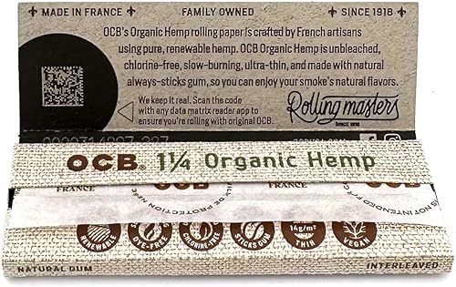 OCB Organic 1 1/4 - Papel de liar para cigarrillos, paquete de 3, 50 hojas por paquete, incluye adhesivo para ahumar frugal