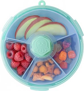 KingKam Snack Spinner for Toddlers, Reusable Kids Spinning Snack Container | Rotating Travel Snack Organizer, 4 Compartments & Lid, Silicone Tray, BPA/PVC Free, Strap & Name Sticker, Dishwasher Safe