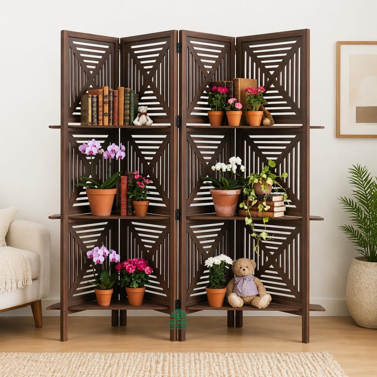 Lucky Lumber Wooden Room Divider with 3 Shelves“ Functional Beauty: Wooden Divider Shelf for Modern Homes” Office Kitchen (6 Feer 4 Panel with 3 Shelves Dark Brown)-image-12