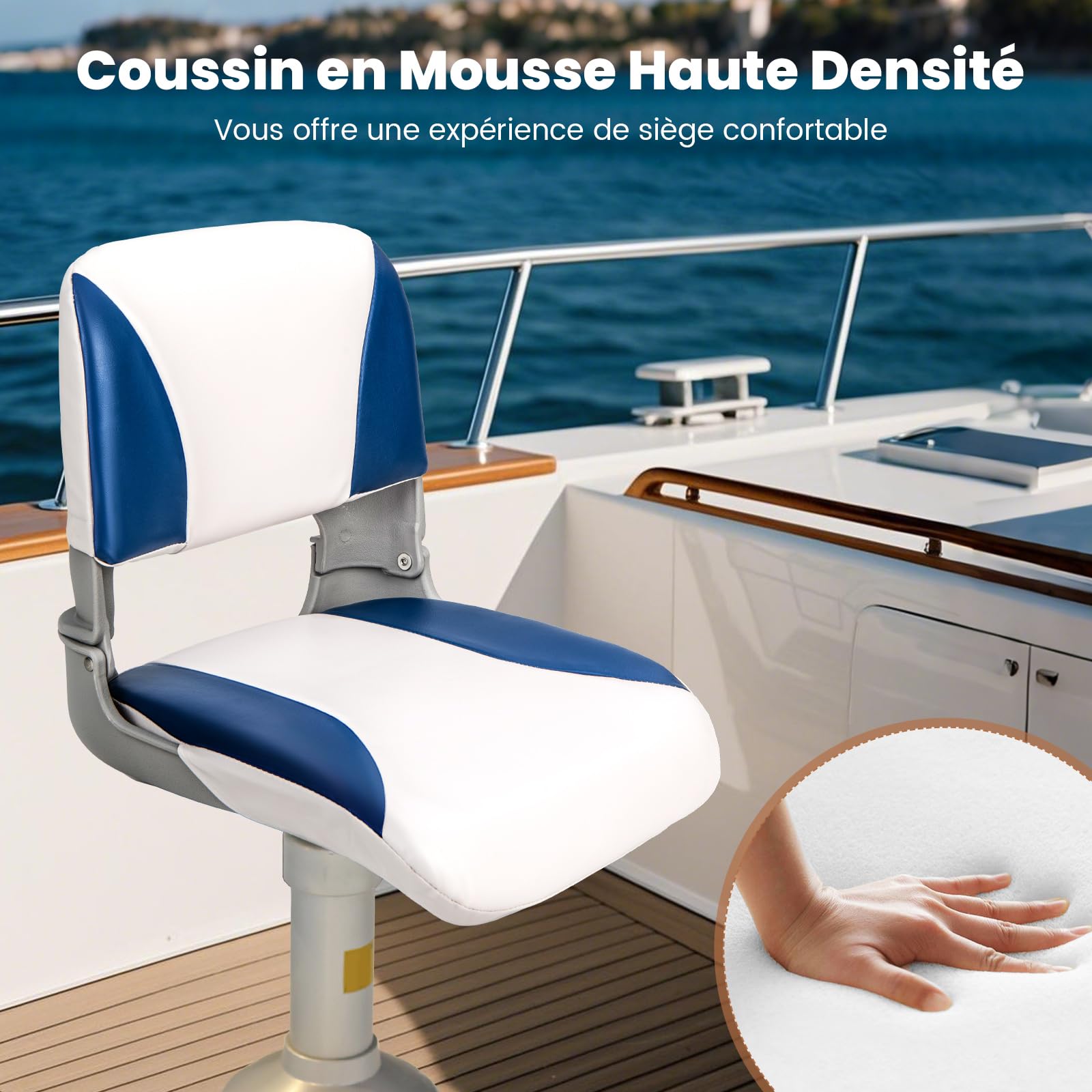 GOPLUS Lot de 2 Sièges de Bateau à Dossier Bas, Sièges de Capitaine Pliables en PVC Imperméable & Rembourrage en Mousse Épaisse & 4 Boulons, pour Bateau de Pêche, Vedette Rapide, Kayak 49 x 46 x 48 CM