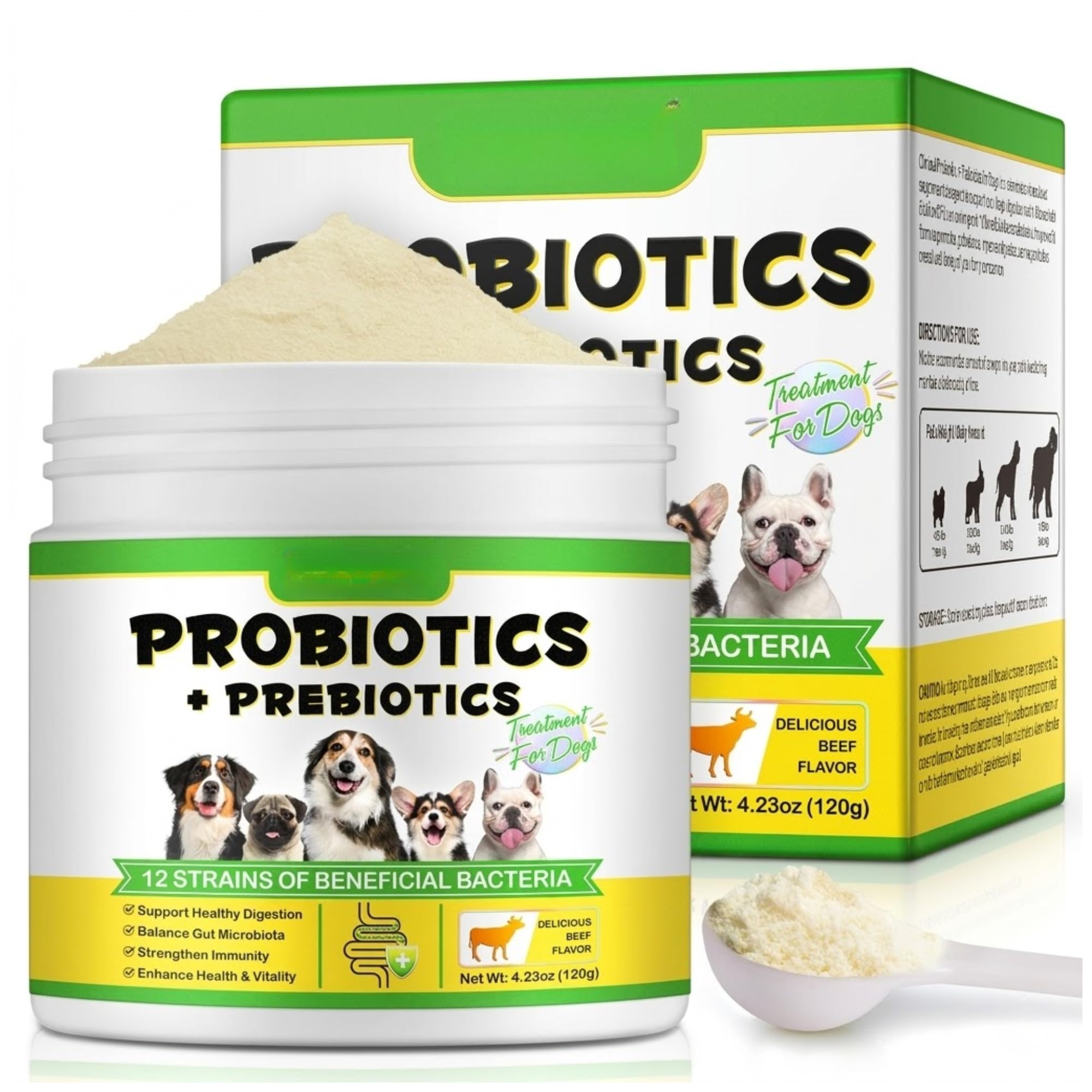 Probiotics + Prebiotics Powder for Dogs (Beef Flavour | 120g) – 12 Strain Gut Health Supplement, Digestive & Immune Support with Beef Flavor, Anti Diarrhea & Bloating Relief