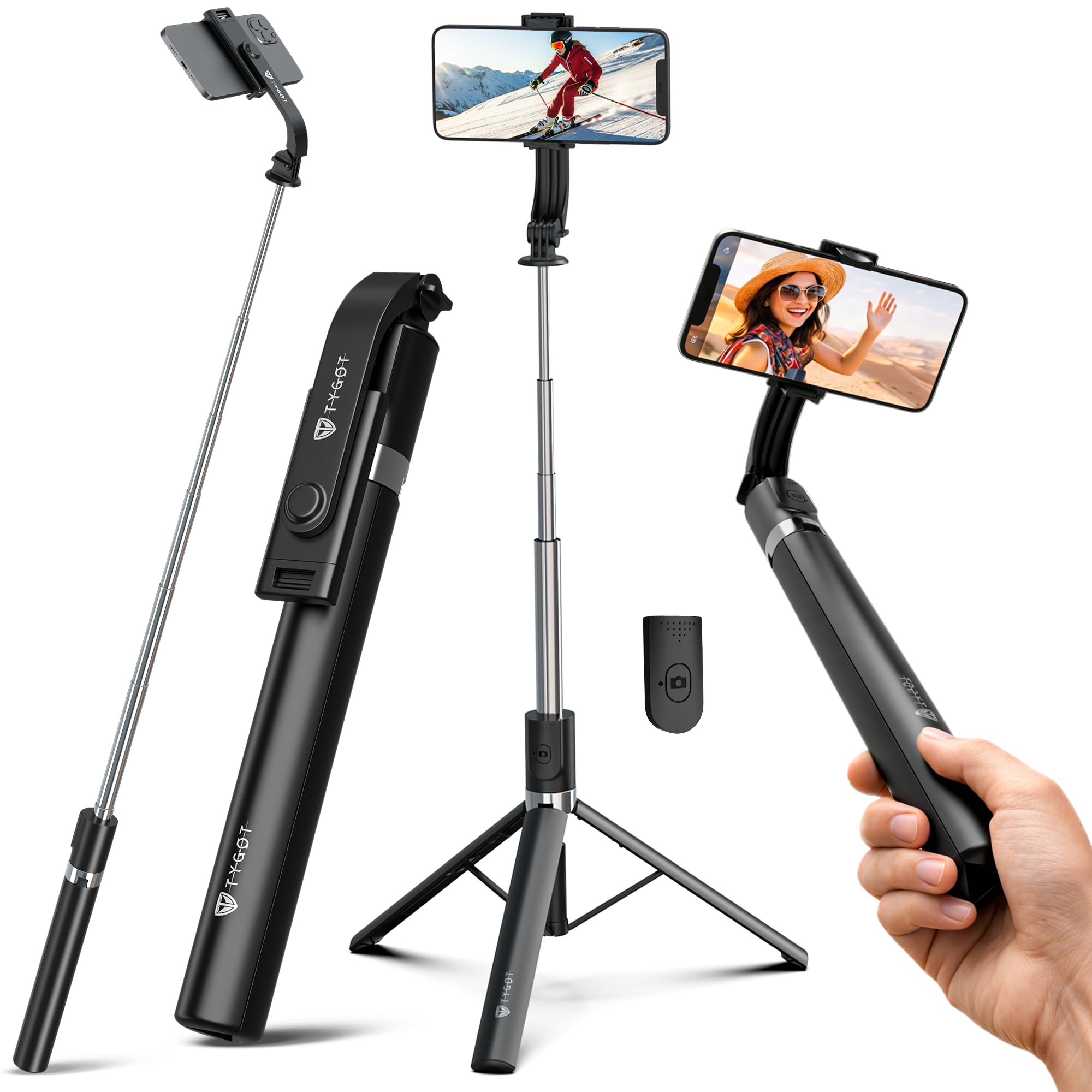 Tygot T9 3-in-1 Selfie Stick Tripod with Wireless Bluetooth Remote & 360° Rotation, Extendable up to 170cm, Portable, Lightweight Stand for Mobile & Action Cameras, Adjustable Telescopic Pole (Black)-image-4