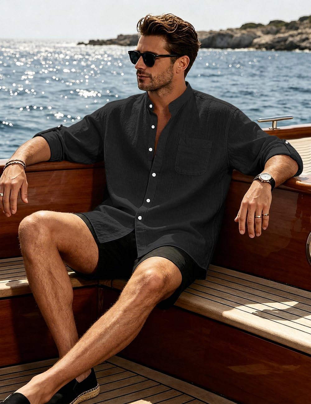 Men's Cotton Linen Shirts Long Sleeve Button Down Shirt Band Collar Beach Summer Casual Shirts Black
