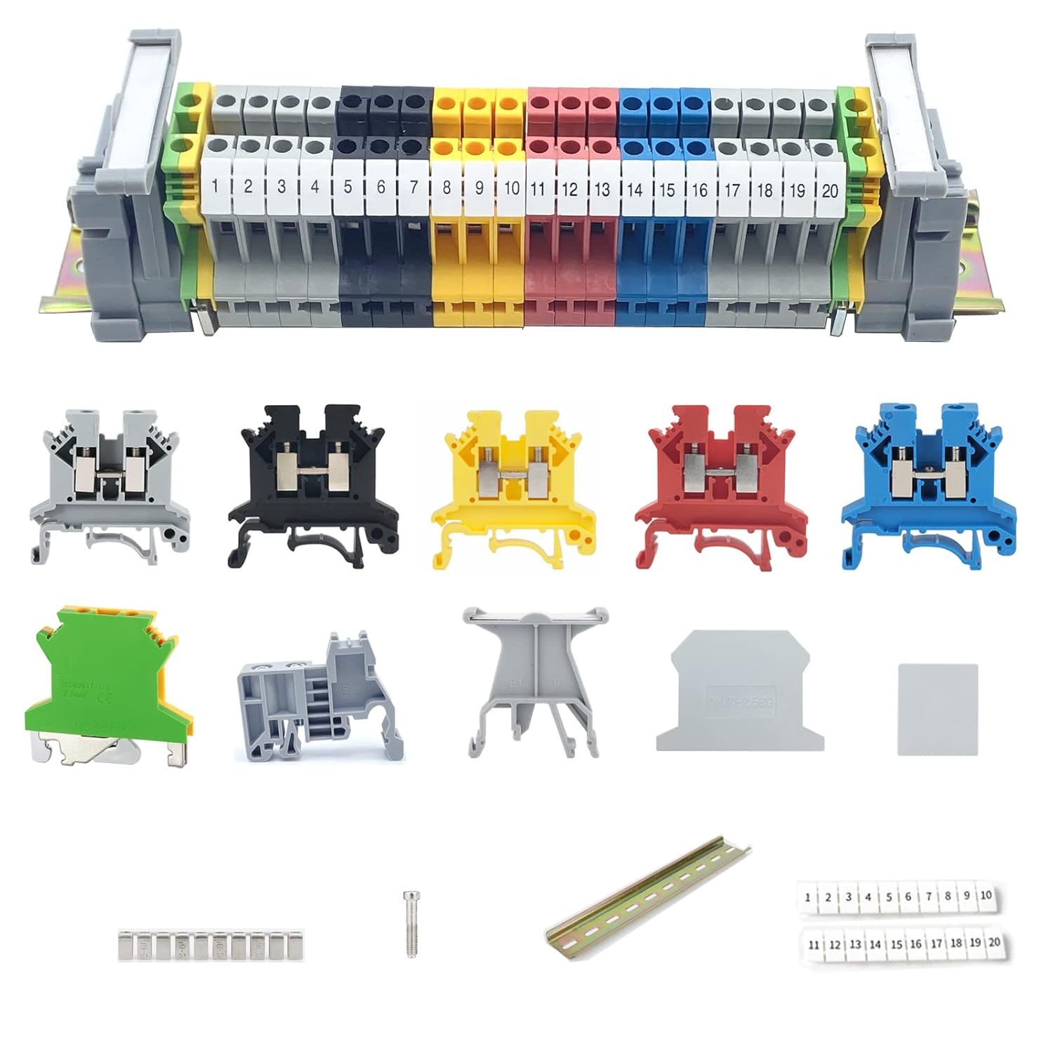 Erayco DIN Rail Terminal Block Kit 20 UK2.5B 12 AWG Gauge Terminal Blocks 20A 600V Ground Blocks