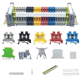 Erayco DIN Rail Terminal Block Kit 20 UK2.5B 12 AWG Gauge Terminal Blocks 20A 600V Ground Blocks Fixed Bridge Jumpers End Covers End Brackets