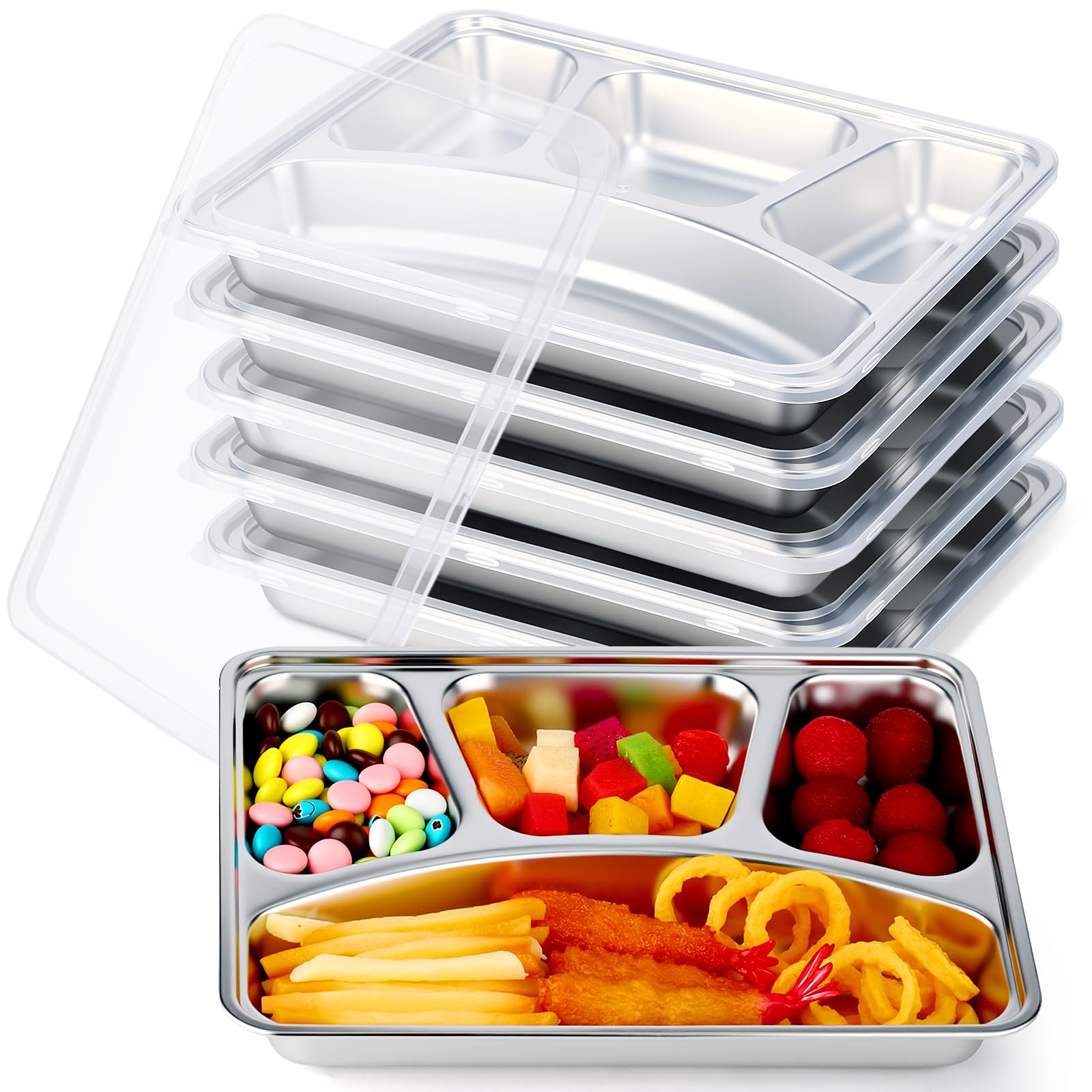 Patelai Lot de 6 boîtes à goûter en acier inoxydable avec couvercles transparents - 4 compartiments - Boîte à bento réutilisable - Pour le bureau, la maison, les voyages