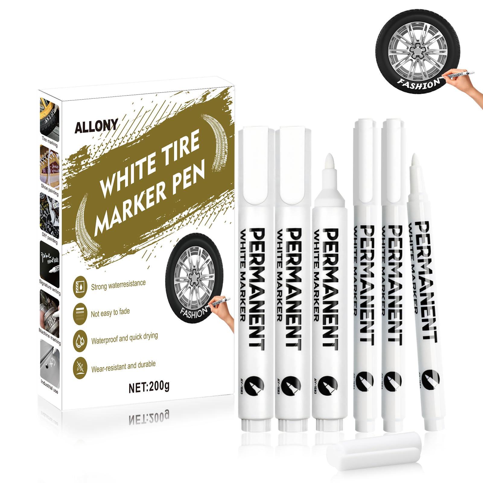 Allony Marqueur Blanc pour Pneus - Stylo Imperméable à Séchage Rapide - Adapté au Marquage des Pneus de Voiture, Moto, Vélo - 6 Pièces