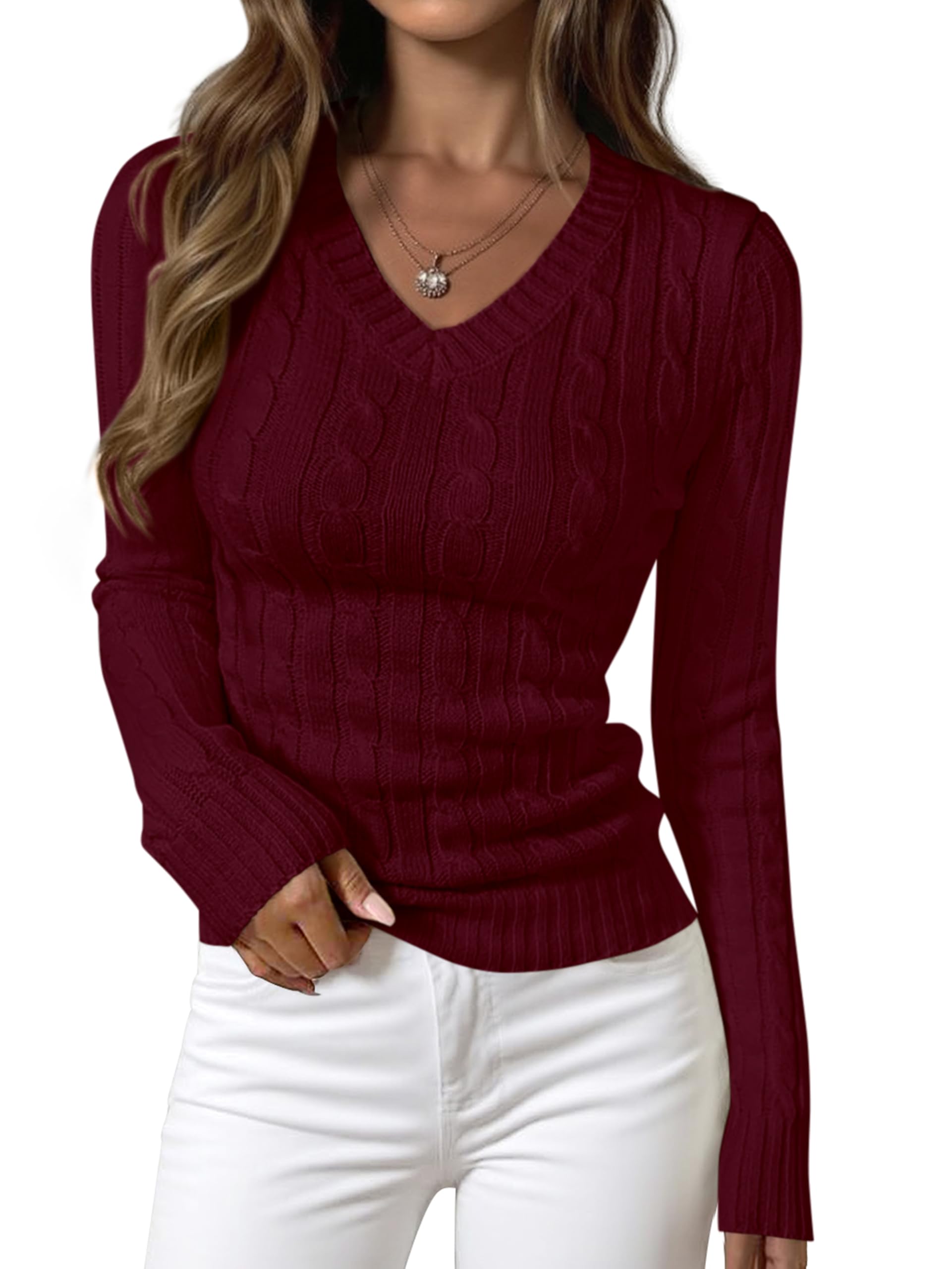 PRETTYGARDEN V Neck Cable Knit Sweaters for Women 2025 Long Sleeve Ribbed Fitted Pullover Tops Business Casual Fall