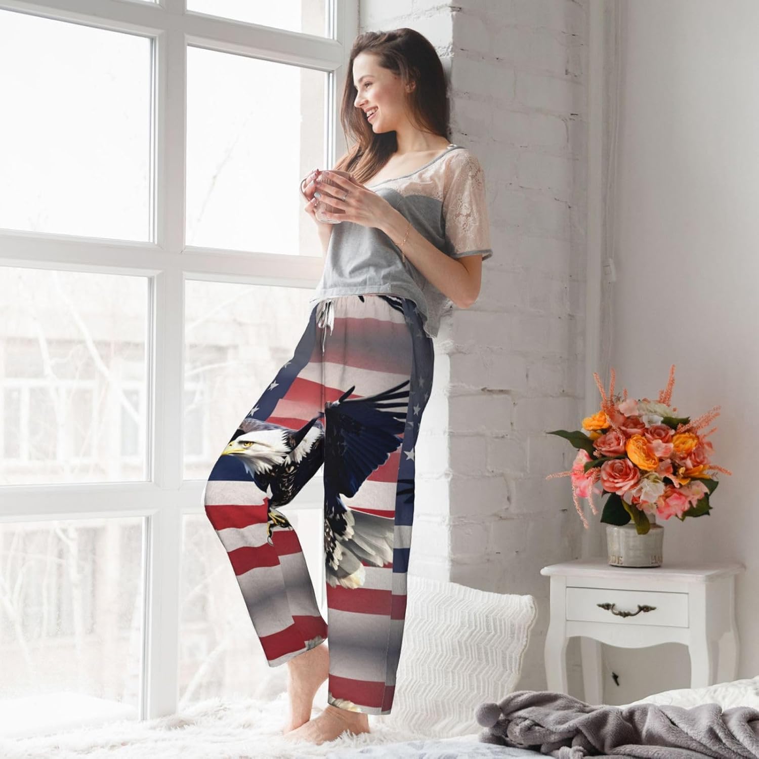 3d Bald Eagle Flying With American Flag Print Cozy Women'S Flannel Pajama Pants,Perfect For Christmas And Everyday Comfort