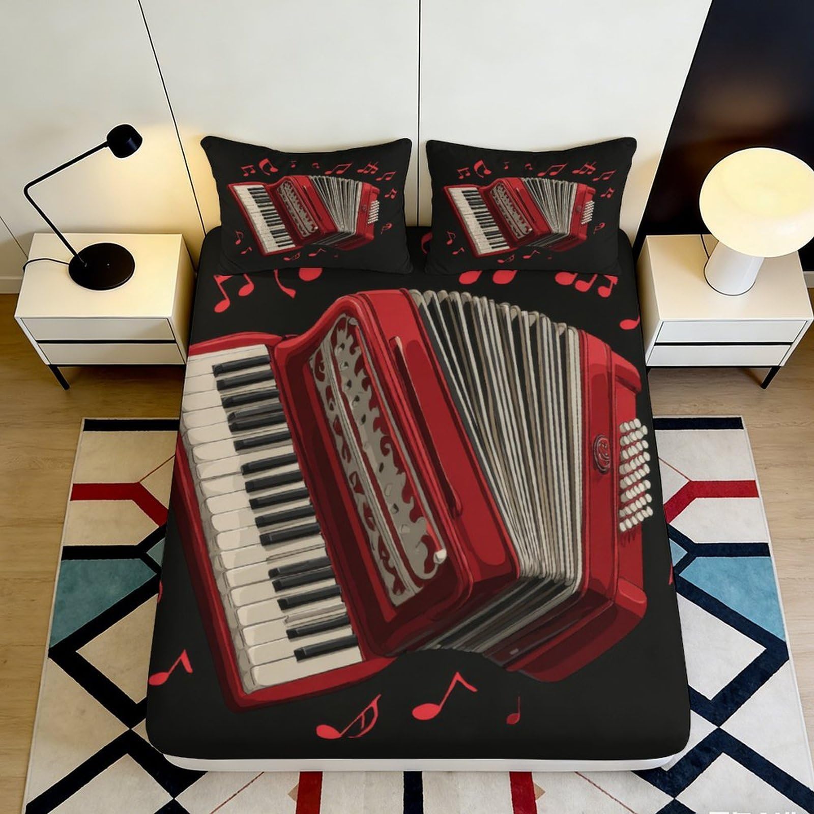 Pnayamiorkfel Style-1 3D Printed Red Accordion Fitted Sheet Microfiber Soft Music Notes Bed Cover For Bedroom Guest Room Decor 90X200x25cm
