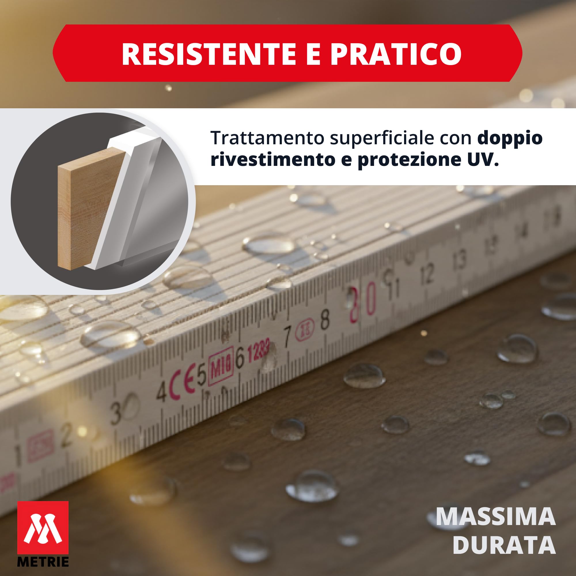 Metrie - Metro pieghevole professionale in legno, 10 pezzi 2 m di lunghezza, con doppia ripartizione, colore bianco, prodotti nell’Unione Europea