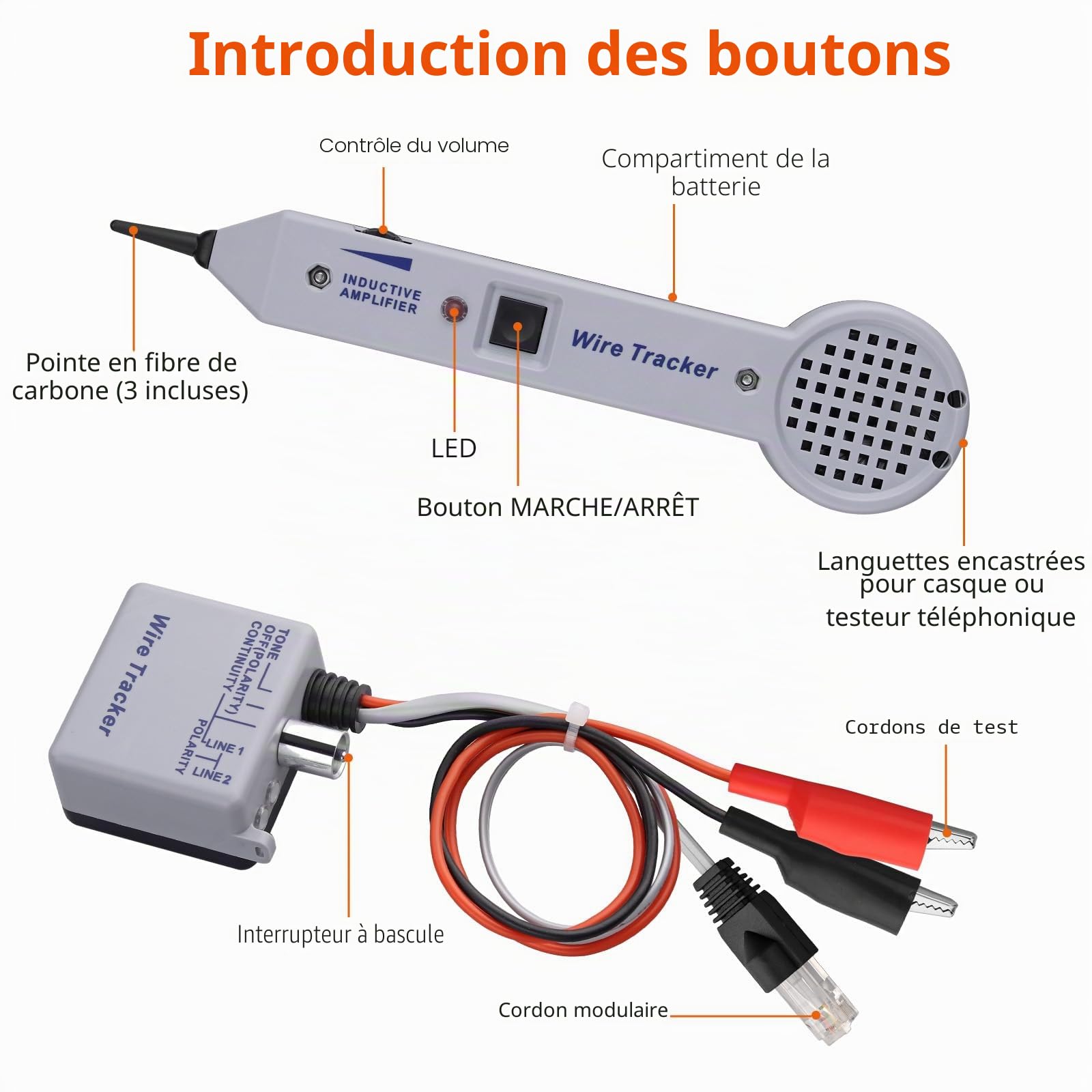 Proster Traceur de Cable Electrique,Kit Générateur de Tonalité 200PE Test de Câble Amplifi Inductif avec Volume Réglable pour Traceur de Cable pour Lignes Téléphoniques et Câbles avec Sac de Stockage
