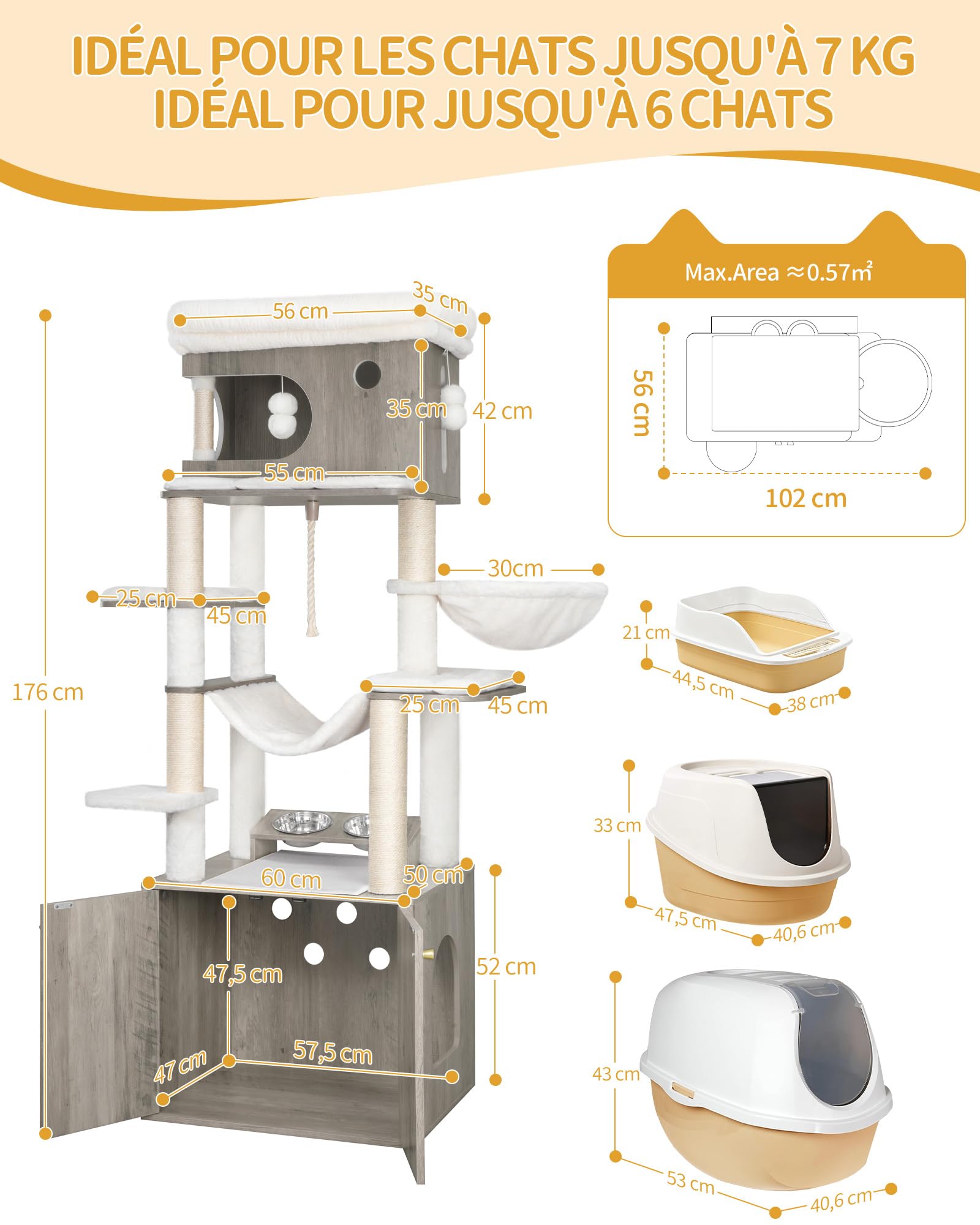 Hzuaneri Arbre à Chat avec Meuble Litiere Chat, Hauteur 176 cm, Grège | Mangeoire, avec Grande Plateforme, Corde en Sisal, Hamac, Coussin Lavable, Balles en Peluche, CB89105WT