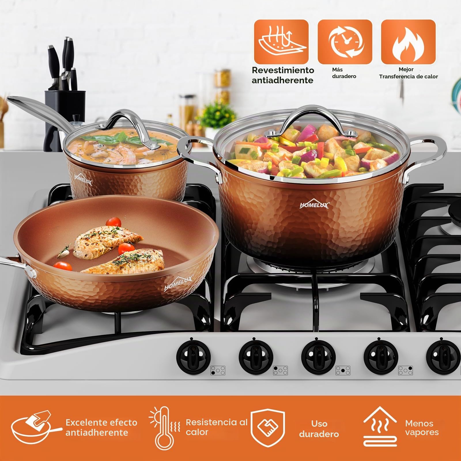 HOMELUX Batería de Cocina Antiadherente, Cobre, Induccion, Juego de Ollas y Sartenes 6 Piezas, con Tapa, Tecnología de Forja, para Todas las Cocinas, Sin PFOA/PFOS/BPA | Utensilios de cocina forjados, para todo tipo de cocinas, degradado en tonos marrones