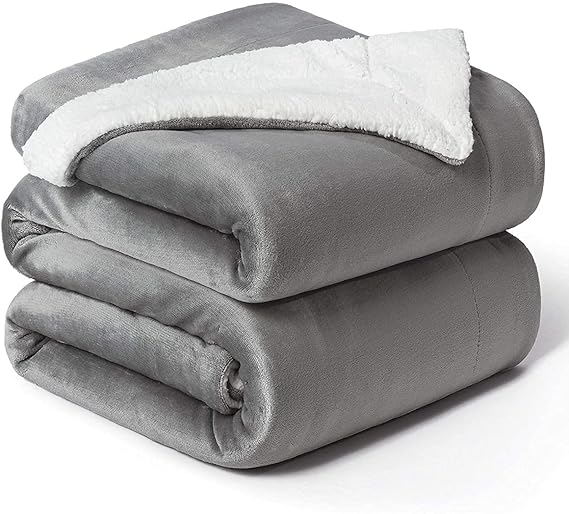 BSB HOME Polyester Micromink Warm Sherpa Super Soft Flannel Solid/Plain Blanket for Light/Mild Winter, Grey, Size 220 x 230 Cms (Approx 7.4 x 7 ft, Double) Skin_Friendly