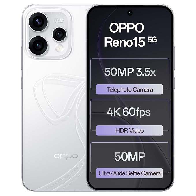Oppo Reno15 5G (Glacier White, 12GB RAM, 512GB Storage) with No Cost EMI/Additional Exchange Offers