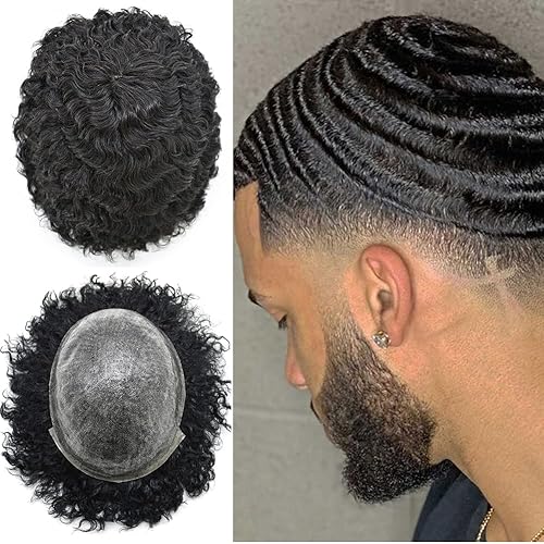 Toupee Afro para hombres negros, piel de poli completa, onda de inyección de poliuretano, cabello humano afroamericano para hombres, sistema de