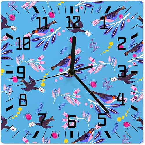 Valentine's Day Wooden Wall Clock Silent Non Ticking, Blue Bird Love Letter Pink Flower Leaf Square Wall Clock Battery Operated, Decor Clock for