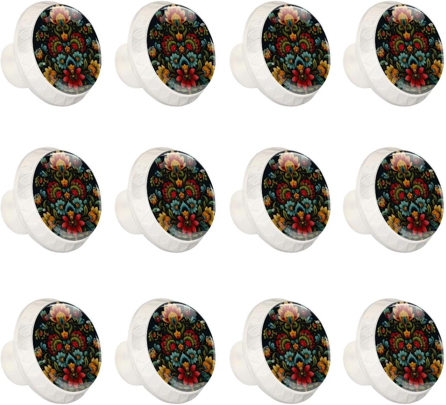 Black Norwegian Rosemaling Folk Style Flower (40) Crystal Glass Cabinet Knobs, Stylish Drawer Pulls for Dresser Wardrobe, Easy Install Hardware for Kitchen