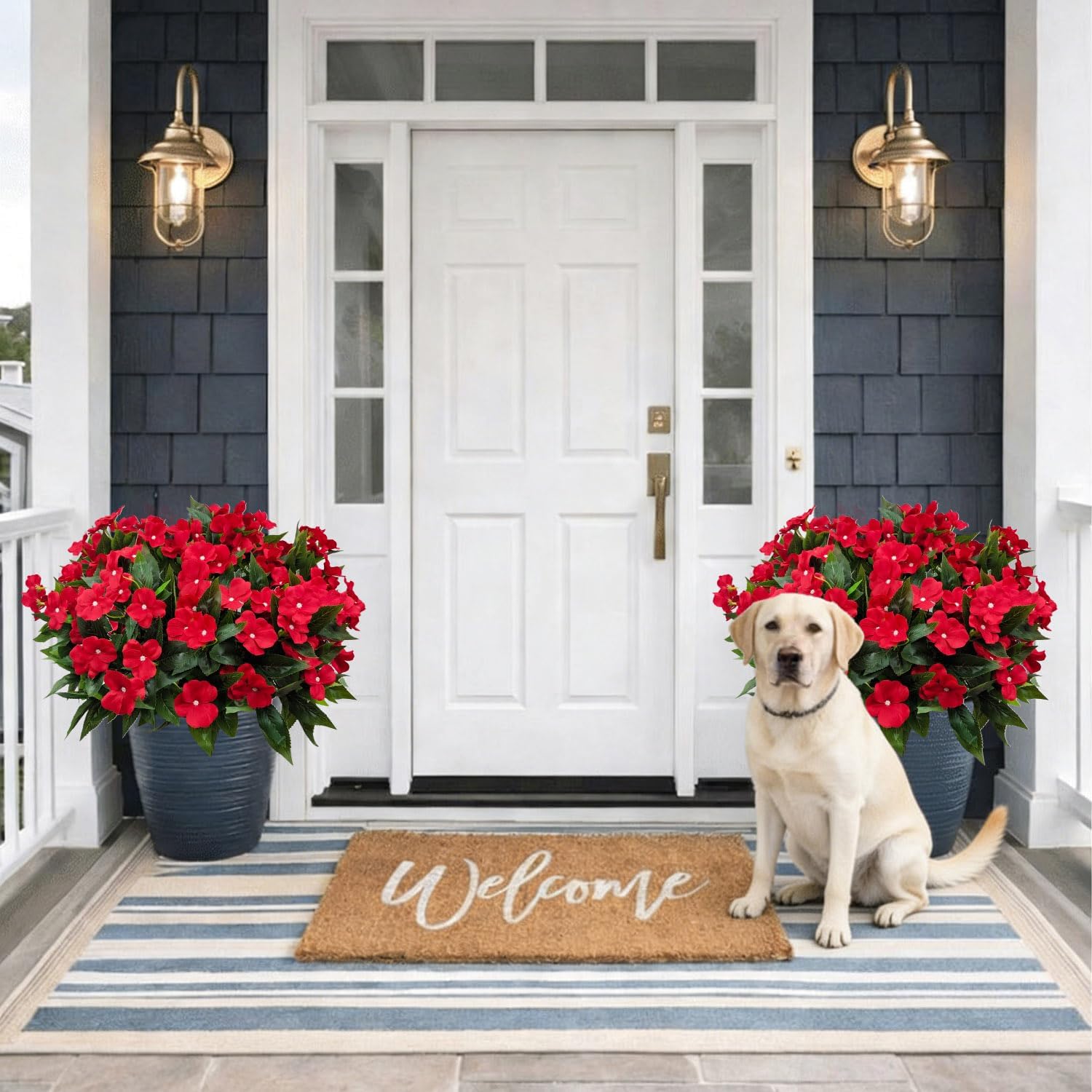 8 Bundles Artificial Impatiens for Outdoors UV Resistant Artificial Outdoor Flowers Bouquet Fake Flowers Faux Plants Silk Flowers for Outside Front Porch Garden Window Box Planters Decor (Red)