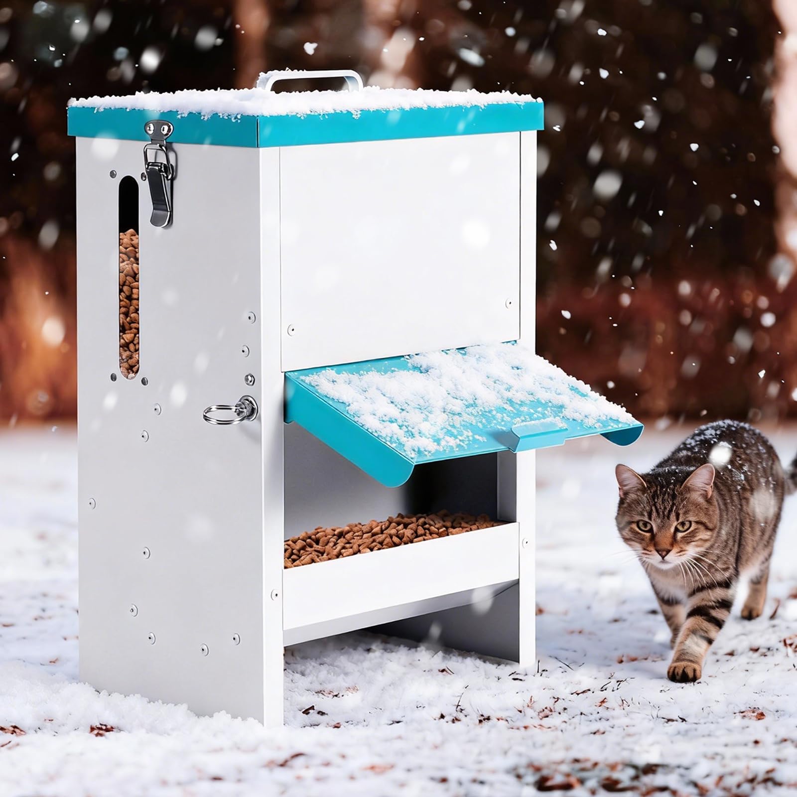 Dispensador Comida Gatos con Comedero Elevado, 10L, Alimentador para Mascotas Integramente de Metal, Tolva para Varios Gatos, Robustos, a Prueba de Lluvia y Nieve