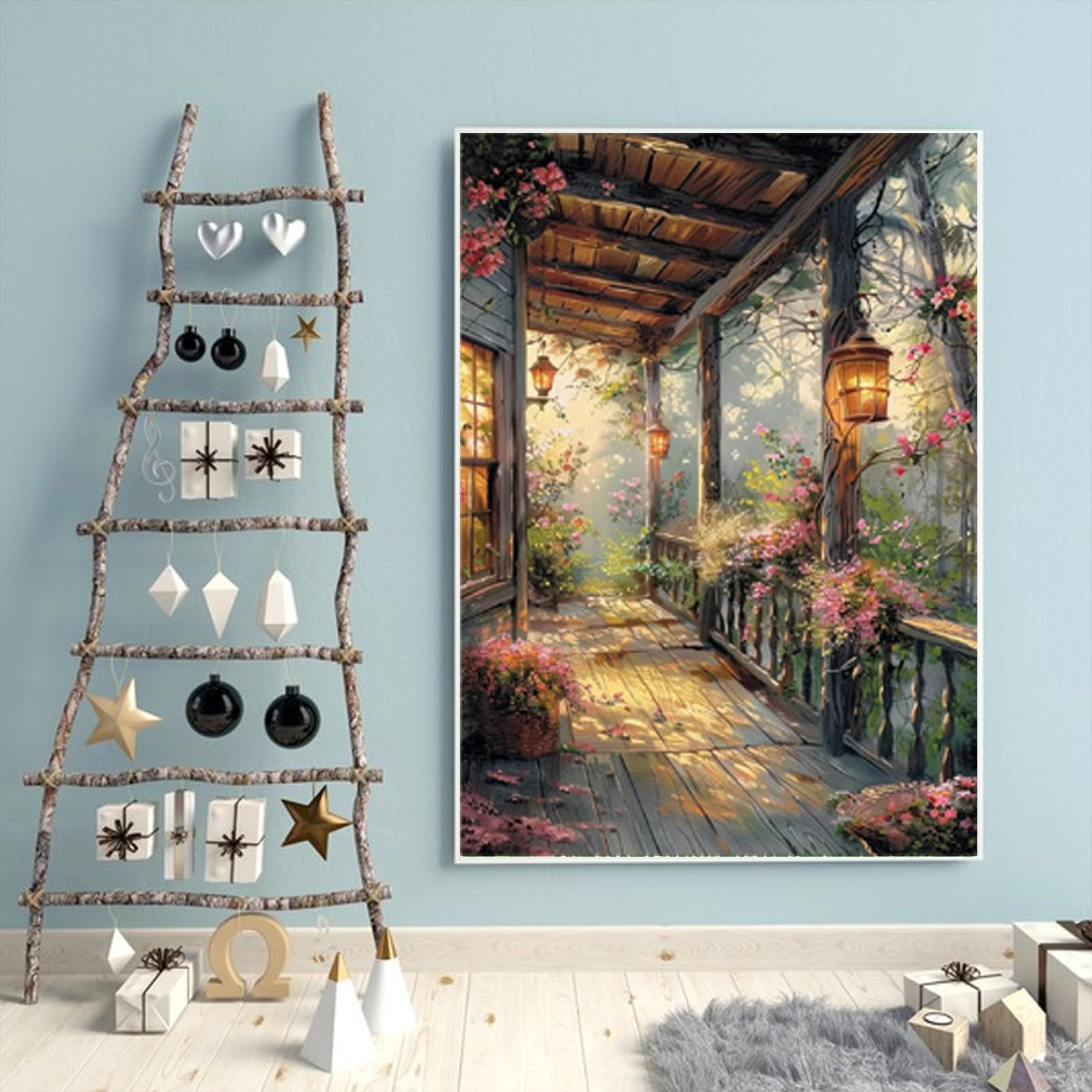 Kits de arte de pintura de diamantes cuadrados, pintura de diamantes cuadrados, arte de diamantes cuadrados, porche de jardín con luces, kits de arte de gemas de flores para adultos y manualidades