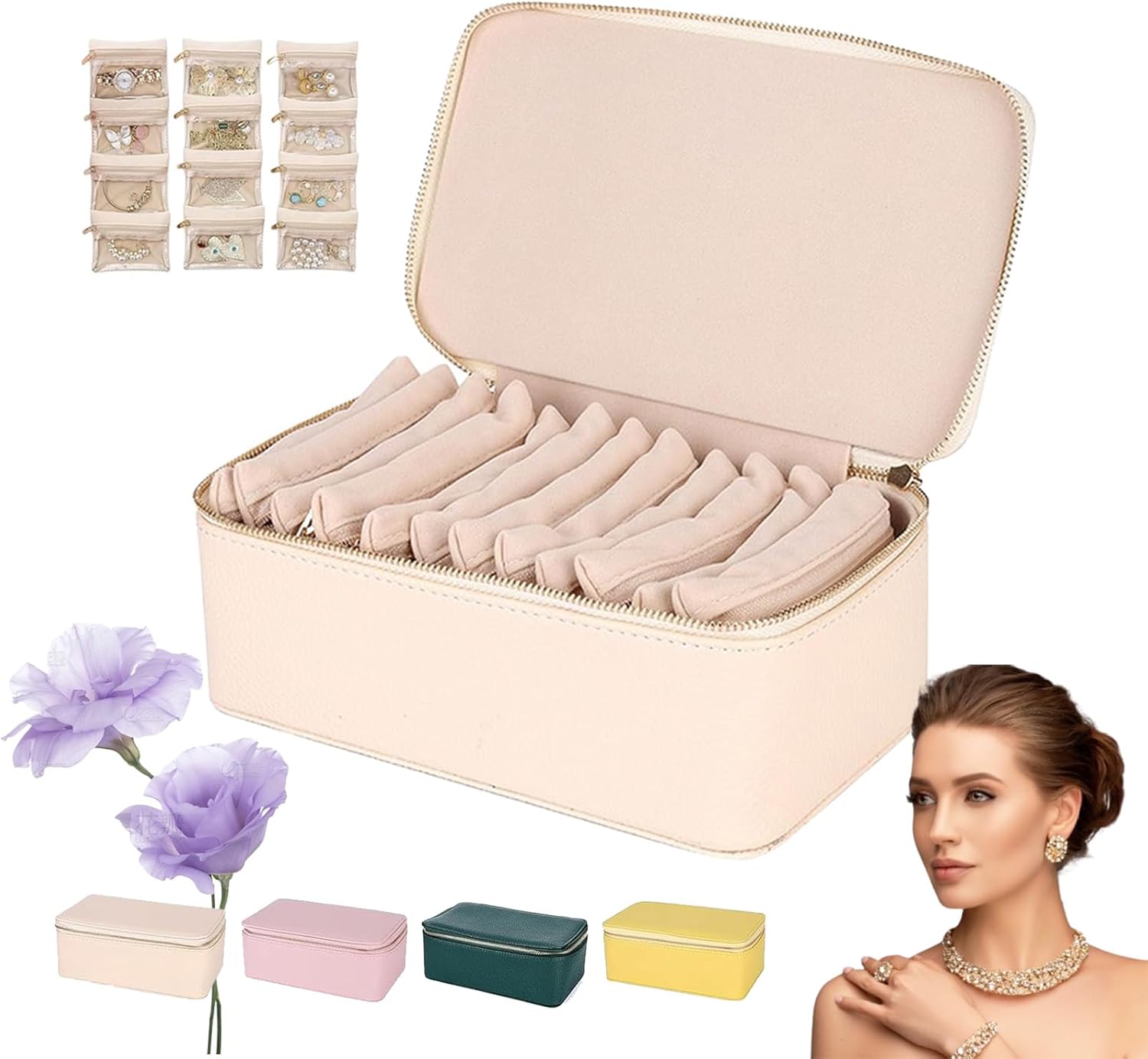 Circulatne Jewelry Box, Travel Jewelry Box with Small Pouches, Portable PU Leather Jewelry Organizer Case with 12 Small Pouches, For Earring/Ring/Necklace/Bracelet (Beige)