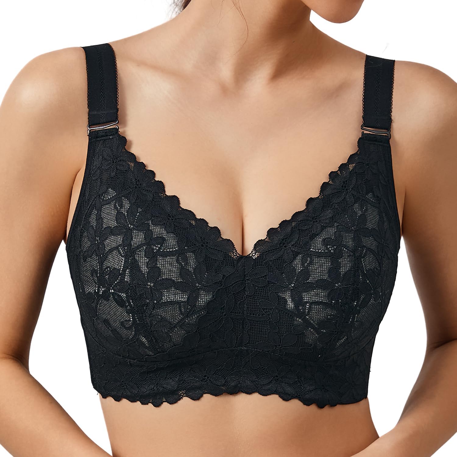 V Neck with Lace Honeycomb Minimizer Bras Full Coverage No Underwire Thin Padded Soft Comfy T-Shirt Women Bras
