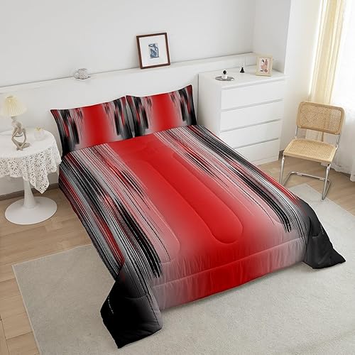 Vista 3 de jejeloiu Juego de edredón rojo y negro para niños y niñas, edredón rojo degradado, tamaño individual, geometría desordenada, óxido, juego de ropa