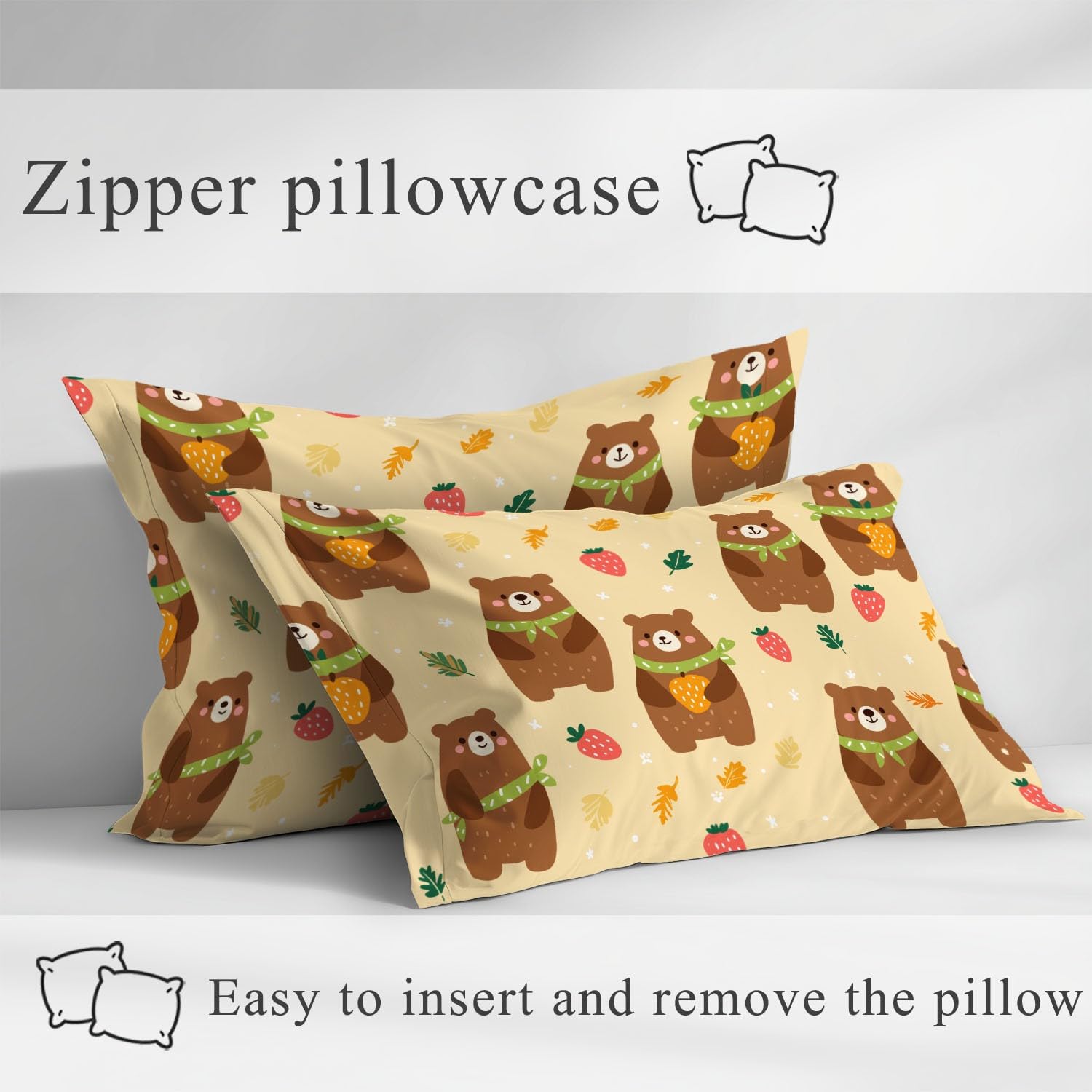 Süßer Teddybär mit Beeren Spannbettlaken 200 x 200 cm - Bettlaken Pflegeleicht, Gemütliche Cartoon-Illustration, Bettwäsche-Set, 3-teiliges Kinderzimmer & Babyzimmer