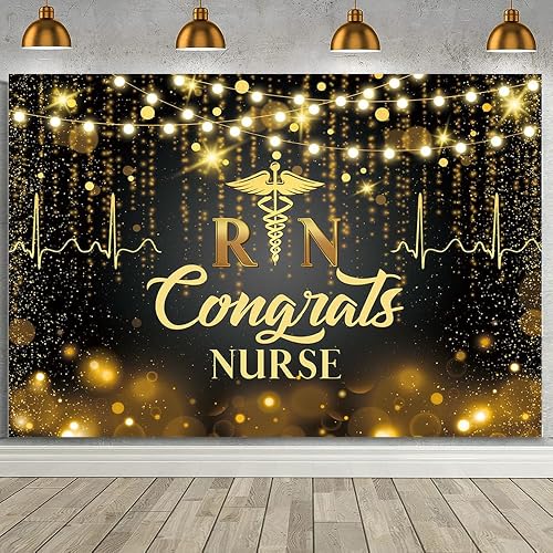 MEHOFOND 7x5ft Nurse Graduation Backdrop Congrats Nurse Graduation Photography Backdrop Black Gold RN Nurse Graduation 2025 Glitter Party Decorations Background Photo Booth Props Supplies