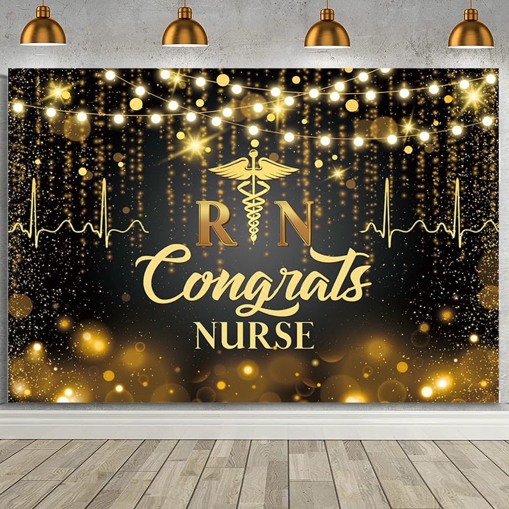 MEHOFOND 7x5ft Nurse Graduation Backdrop Congrats Nurse Graduation Photography Backdrop Black Gold RN 2026 Glitter Party Decorations Background Photo