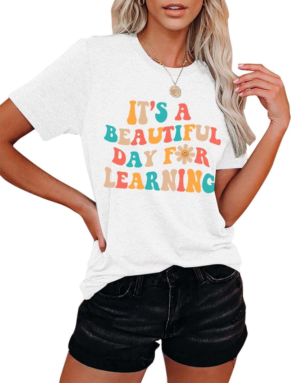 Teacher Shirts for Women It's a Beautiful Day for Learning T-Shirt Book Lovers Letter Printed Short Sleeve Tee Tops - Image 4