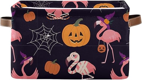 Emelivor Cesta de almacenamiento de calabaza con diseño de araña, flamenco, de Halloween, plegable, para organización de juguetes, con asas, cesta