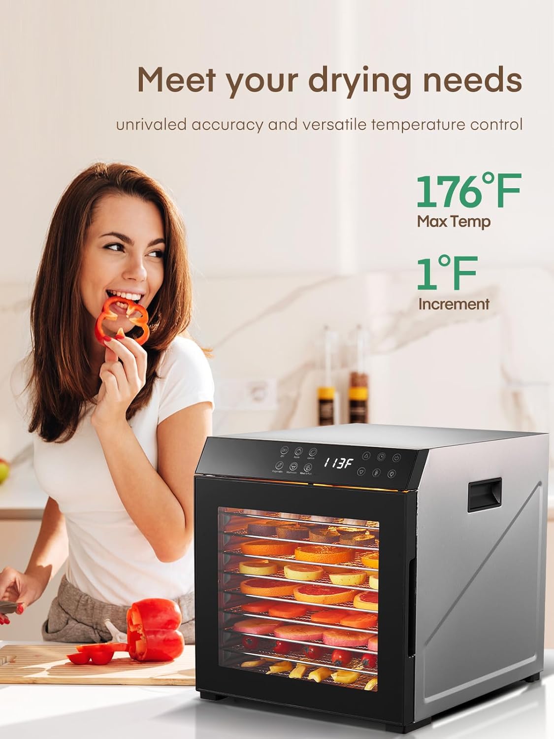 FOHERE Food Dehydrator for Jerky 1000W, 10 Trays With Large 9.04ft² Drying Space,176°F Temperature Control, Digital Adjustable Timer, Light, Dryer Machine for Dog Treats,Herbs, Meat, Fruit, and Yogurt