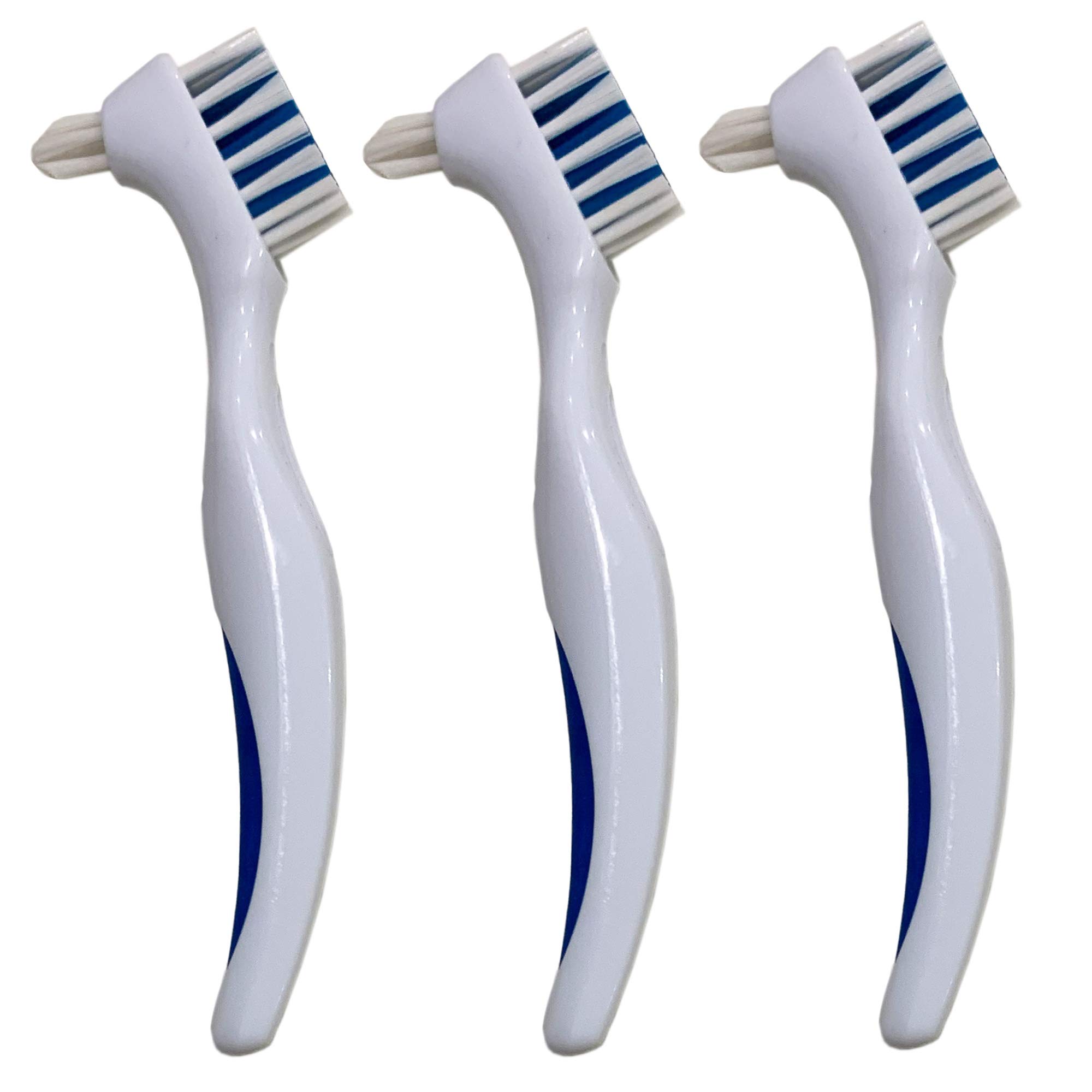 Denture Cleaner Brushes - Dual Sided Toothbrush with Ergonomic Rubber Handle for Dental Denture Care - Cleaning Brush Set 3-Pack FREE Eyeglass Pouch