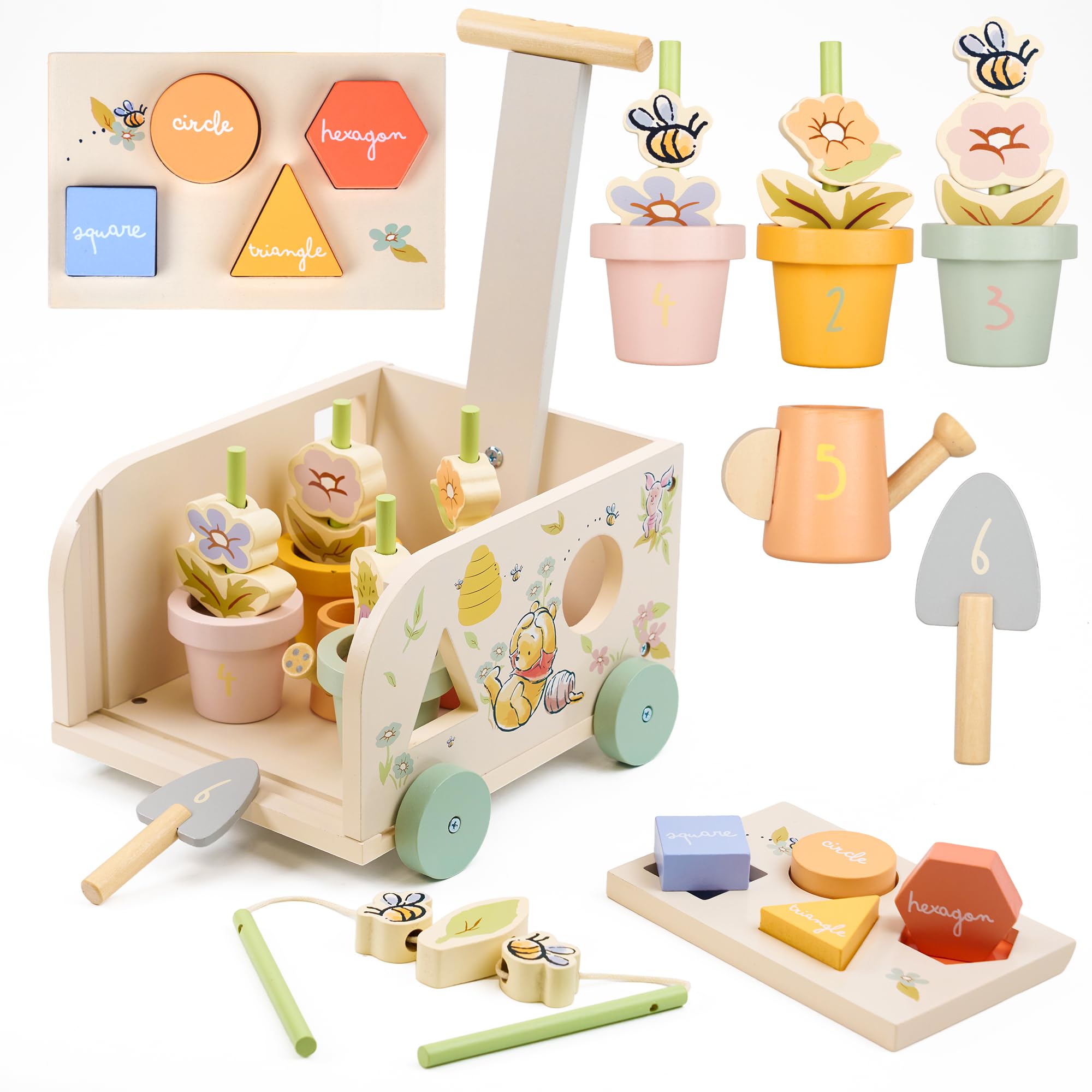 Disney Winnie the Pooh Wooden Garden Pull Along Toy for Kids – Shape Sorting Trolley with Gardening Tools, Flower Pots & Threading Play – Educational Toy for Motor Skills & Active Play – Ages 2+ Years