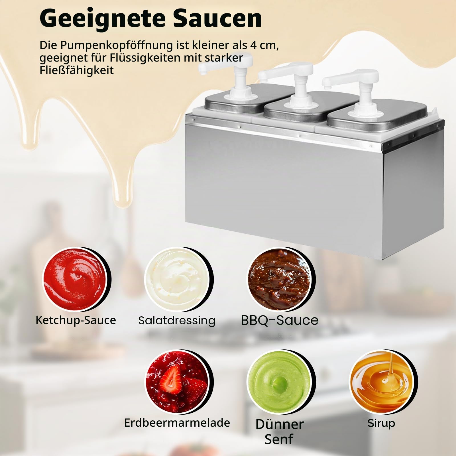6L Saucenspender Pumpstation, 3 x 2 L Edelstahl Gewürzspender, Soßenspender Pumpe für Sojasauce, Essig, Ketchup, Salatdressing, Mayonnaise - 6 Pumps